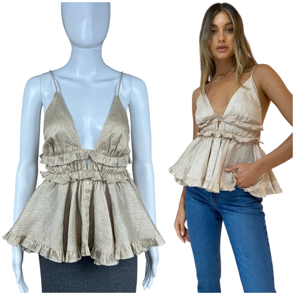 Joslin Liana Babydoll Linen Cami Top Blouse Ruffled Striped Open Back Size US 4